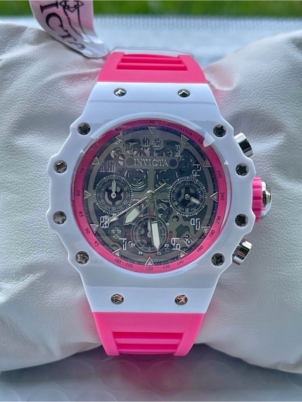 Invicta White and Pink Skeleton Chronograph Watch